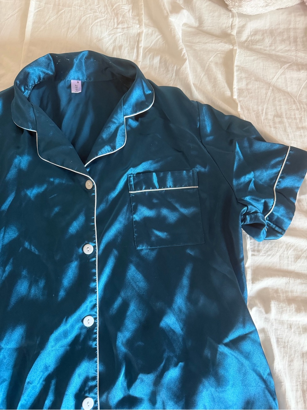 Silk Teal Short Sleeve Pajama Set with White Details - Picture 3 of 8